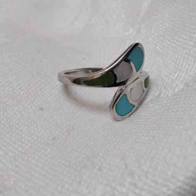 Vintage Zuni Turquoise, Mother of Pearl, Green Turquoise 925 Ring Size 8.5