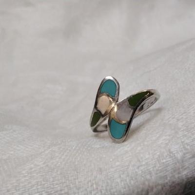 Vintage Zuni Turquoise, Mother of Pearl, Green Turquoise 925 Ring Size 8.5