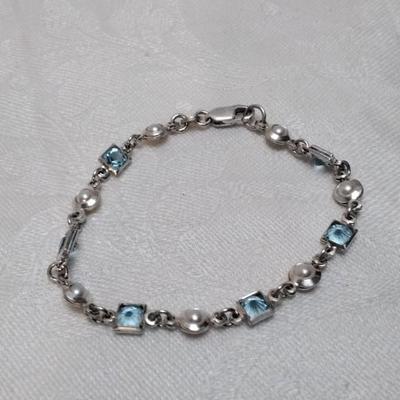 Aquamarine With FW Pearl Accents 7" 925 Bracelet