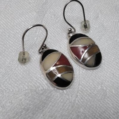 Vintage Cream Jade, Red Coral, Onyx and Sandstone 925 Earrings
