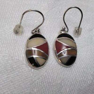 Vintage Cream Jade, Red Coral, Onyx and Sandstone 925 Earrings