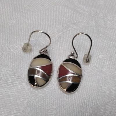 Vintage Cream Jade, Red Coral, Onyx and Sandstone 925 Earrings