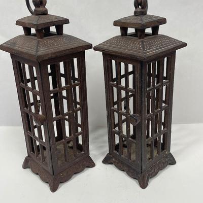 Cast Iron Garden Hanging Lanterns Temple Style Square Bottom rust patina