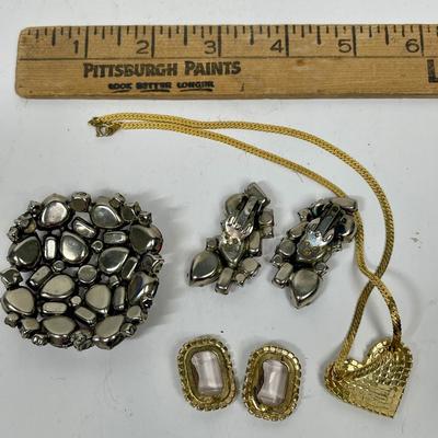 Costume Jewelry Lot - Fashion jewelry - brooch, matching earrings pink stone earrings and heart shaped crystal pendant necklace
