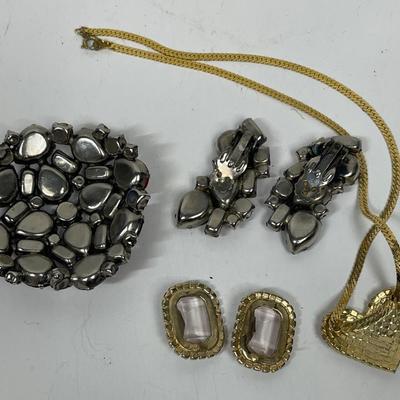 Costume Jewelry Lot - Fashion jewelry - brooch, matching earrings pink stone earrings and heart shaped crystal pendant necklace