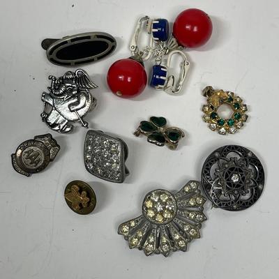 Mixed Vintage Jewelry Lot: Earrings, Lapel Pins, Pendant, Tie Clip and More
