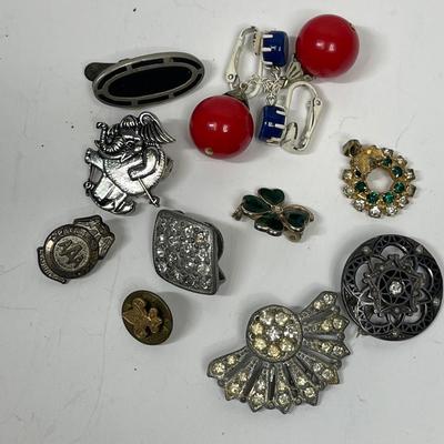 Mixed Vintage Jewelry Lot: Earrings, Lapel Pins, Pendant, Tie Clip and More