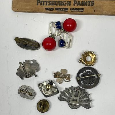 Mixed Vintage Jewelry Lot: Earrings, Lapel Pins, Pendant, Tie Clip and More