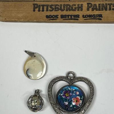 3 pc lot of vintage jewelry pendants - heart with two designs, shell, pearl in cage