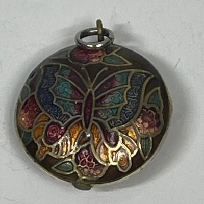 Vintage Cloisonné Pendant w/ Butterfly design on both sides round Gold Blue Purple Green