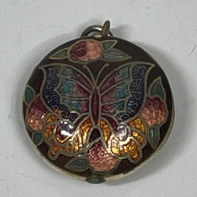 Vintage Cloisonné Pendant w/ Butterfly design on both sides round Gold Blue Purple Green