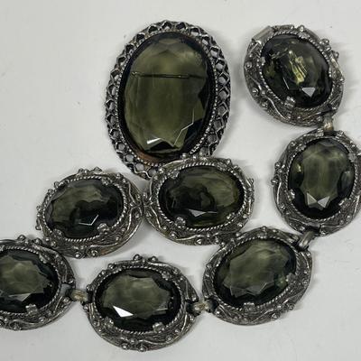 Vintage Jewelry Set - bracelet, pin, and earrings smokey topaz color