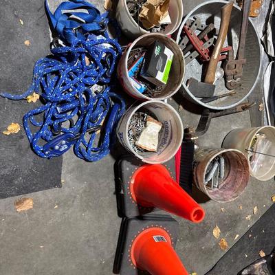 Tools, umbrella, hardware 6 orange cones, and blue straps