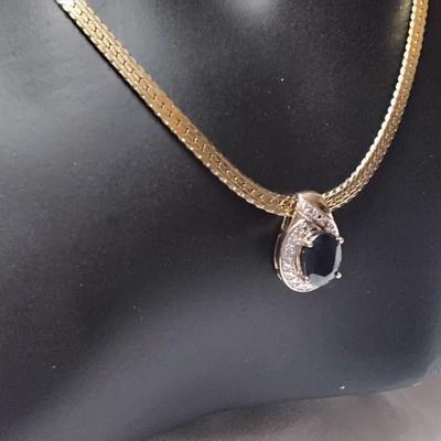 Large Impressive Sapphire Surrounded by Diamonds 14K 18" Necklace