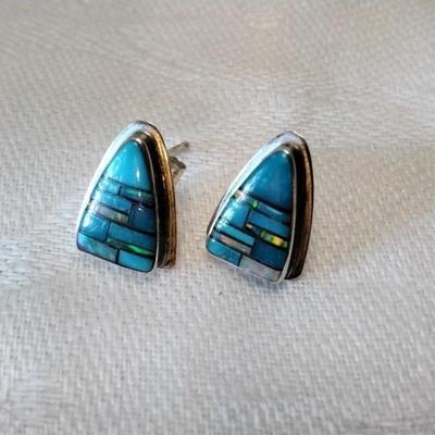 Zuni Indian Turquoise and Opal Hand Marked Signed Post Earrings
