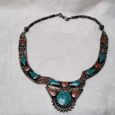 Vintage Turquoise and Coral Bib 925 Necklace
