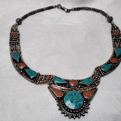 Vintage Turquoise and Coral Bib 925 Necklace
