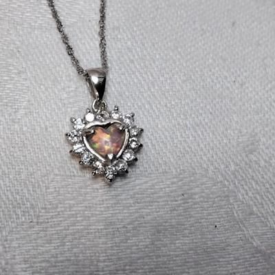 Orange Fire Opal Heart With White Sapphires 16" 925 Necklace
