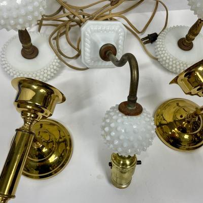 Vintager Wall Sconce Lot - Electrified Milk Glass and Brass Candlestick Holder Pair pair.