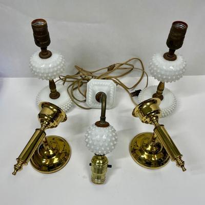 Vintager Wall Sconce Lot - Electrified Milk Glass and Brass Candlestick Holder Pair pair.