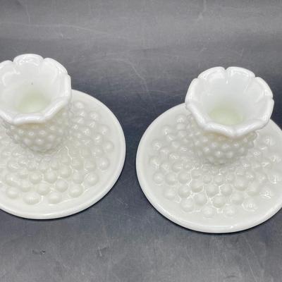 Vintage Fenton White Milk Glass Hobnail Candlesticks