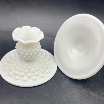 Vintage Fenton White Milk Glass Hobnail Candlesticks