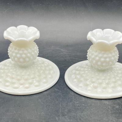 Vintage Fenton White Milk Glass Hobnail Candlesticks