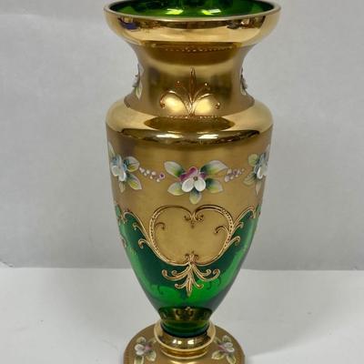 Vintage Czech Bohemian glass vase tree gold hand-painted pink flowers