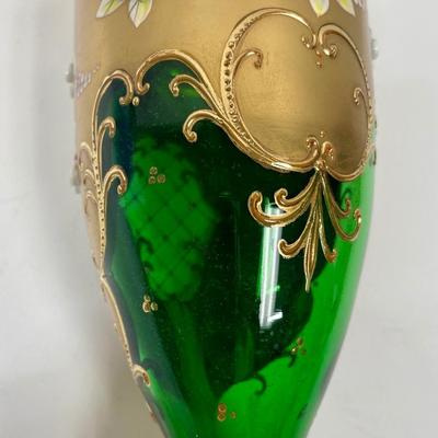 Vintage Czech Bohemian glass vase tree gold hand-painted pink flowers