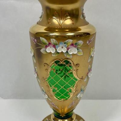 Vintage Czech Bohemian glass vase tree gold hand-painted pink flowers