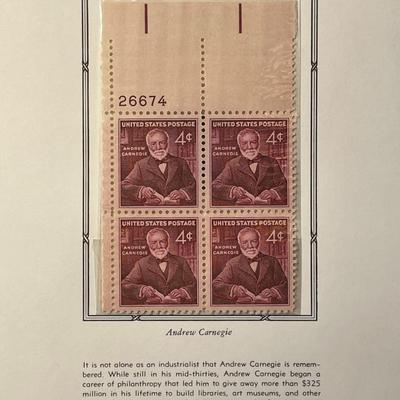 Andrew Carnegie 1960 Mint Condition US Stamp Plate Block Page as Pictured. Only One $5 Shipping Charge for 1 or 100 Pages Won.