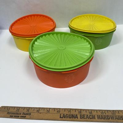 lot of 3 Vintage Tupperware 1204-7 Servalier Storage Canisters Yellow/Orange/Green