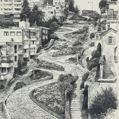 Crookedest Street in the World San Francisco 1977 Lithograph Pencil Sketch Don Davey