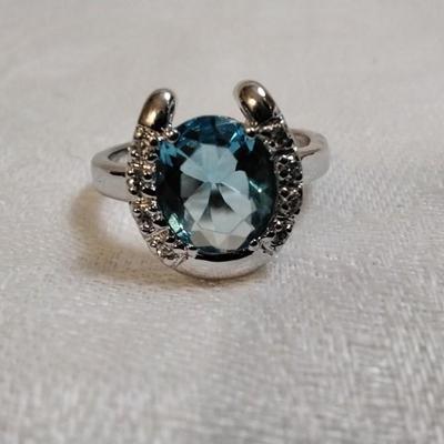 London Blue Topaz Surrounded By White Sapphires 925 Ring Size 7