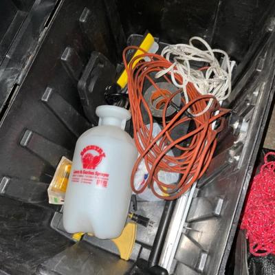 G23-Plastic box, tarp, rope, plus contents… includes furniture dolly