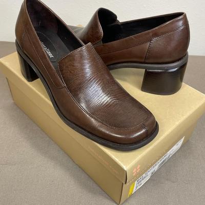 Sale Photo Thumbnail #253: New with box. Brown leather, square toe and stacked heel.