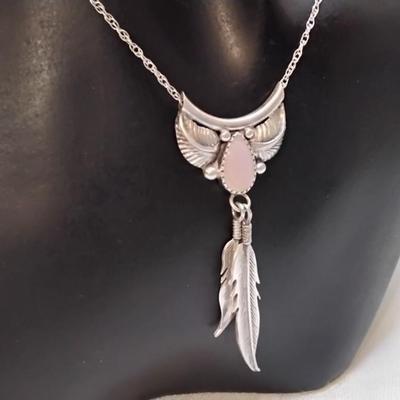 Navajo Pink Mother of Pearl 17" Necklace And Earrings Signed 925 Set