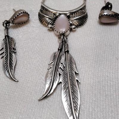Navajo Pink Mother of Pearl 17" Necklace And Earrings Signed 925 Set