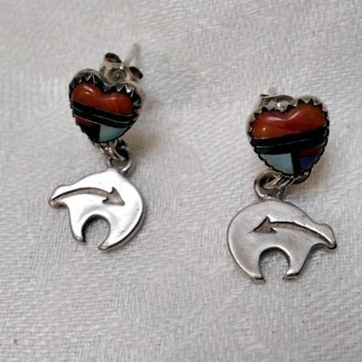 Navajo Quok Turquoise Lapidary Art 925 Signed Earrings