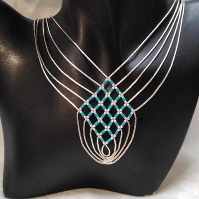 Turquoise Woven Liquid Sterling Silver 16" Necklace Signed M