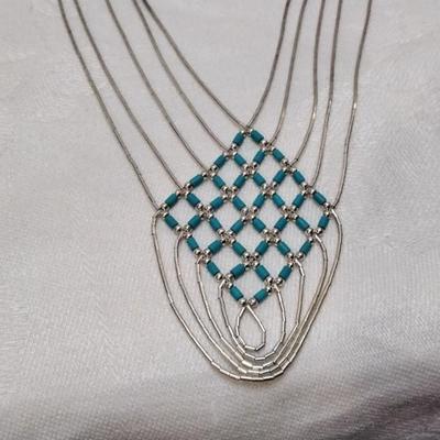 Turquoise Woven Liquid Sterling Silver 16" Necklace Signed M