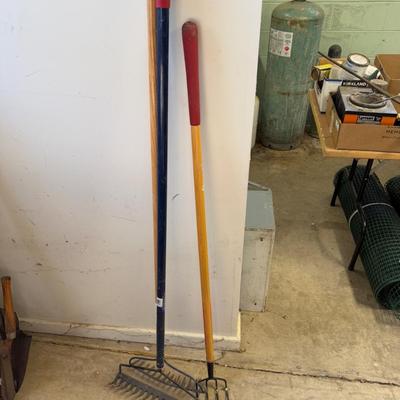 Yard Tools - 2 Rakes and a Fork Hoe