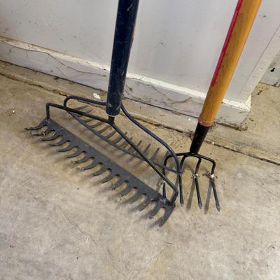 Yard Tools - 2 Rakes and a Fork Hoe