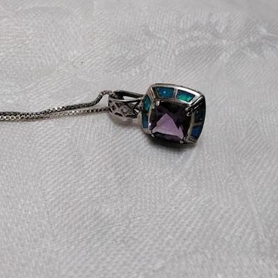 Amethyst Surrounded By Blue Fire Opal 925 18" Necklace