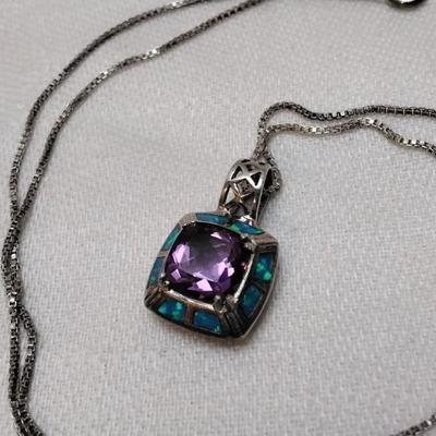 Amethyst Surrounded By Blue Fire Opal 925 18" Necklace