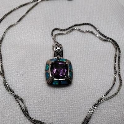 Amethyst Surrounded By Blue Fire Opal 925 18" Necklace
