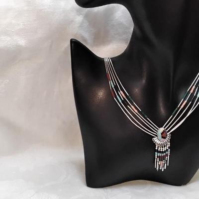 Vintage Zuni Liquid Sterling Silver Lapidary Art 20" Necklace