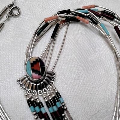 Vintage Zuni Liquid Sterling Silver Lapidary Art 20" Necklace