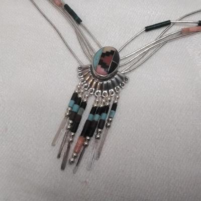 Vintage Zuni Liquid Sterling Silver Lapidary Art 20" Necklace