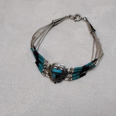 Purple Turquoise And Turquoise Zuni Lapidary Art Liquid Sterling Silver 6.5" Bracelet